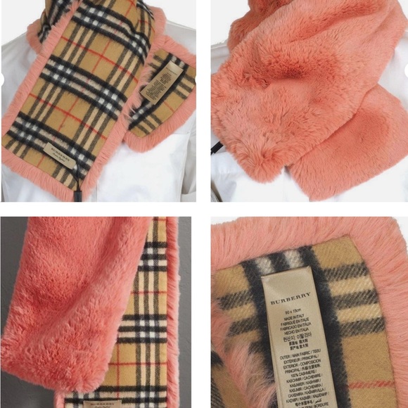 BURBERRY CHIC SCARF WITH THE VINTAGE CHECK IN CASHMERE AND PALE PINK FAUX FUR - Picture 7 of 16